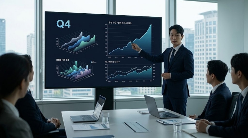 대형-스크린-앞의-한국인-분석가가-4분기-수주-사이클의-상승-흐름