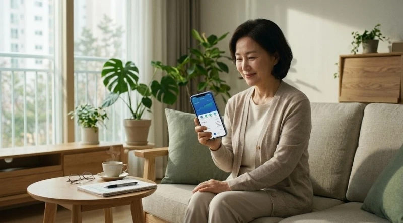 모바일-자산-현황과-안도하는-50대-여성