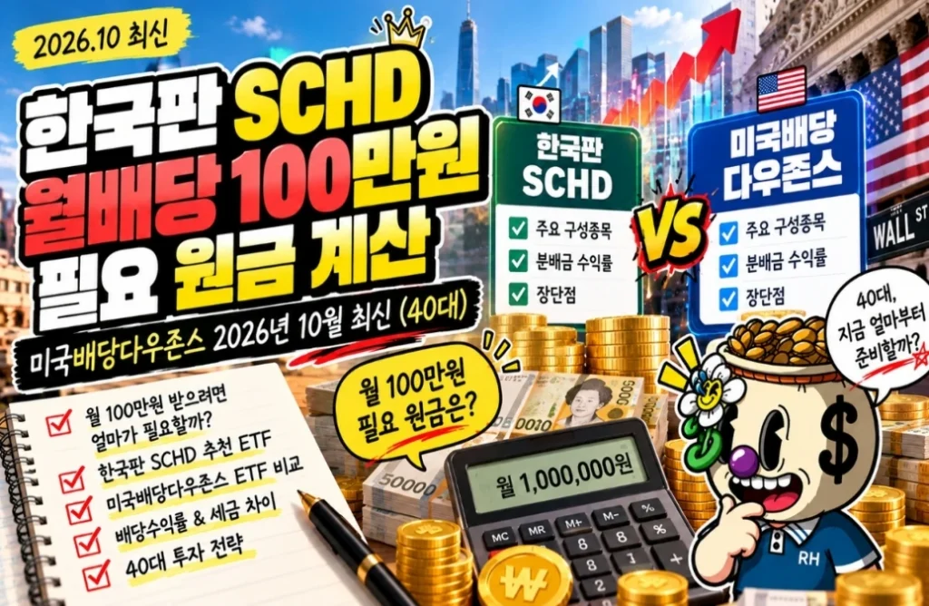 40대 한국판 SCHD 월배당 100만원 필요 원금 계산, 미국배당다우존스 2026년 10월 최신 40대 한국판 SCHD 월배당 100만원 필요 원금 계산, 미국배당다우존스 2026년 10월 최신